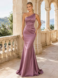 Mauve Satin One Shoulder Mermaid Evening Gown front view