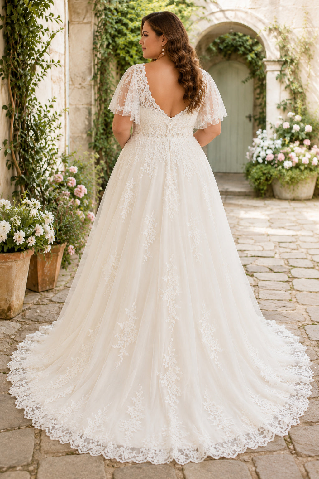 Ivory Plus Size V-Neck Lace A-Line Wedding Dress with Flutter Sleeves and Scalloped Train Style MG_700546 back view