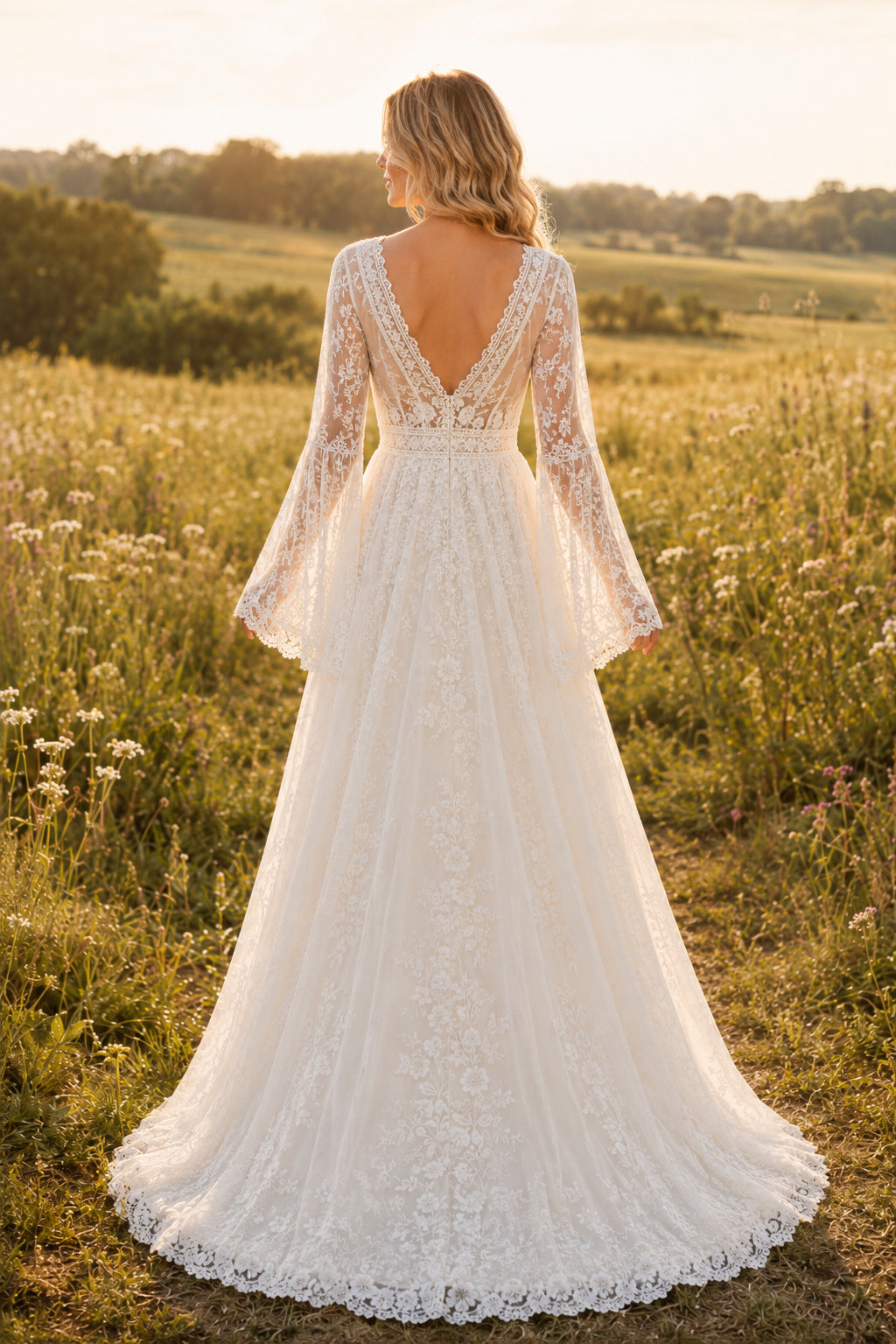 Ivory Long Bell Sleeve V-Neck Lace A-Line Wedding Dress Train for Wedding Ceremony and Reception Style MG_701466 back view