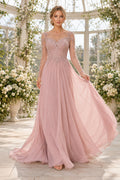 Blushing Pink Illusion Sleeve Lace Bodice Tulle A Line Prom Gown With Sweep Skirt Prom Dress front view