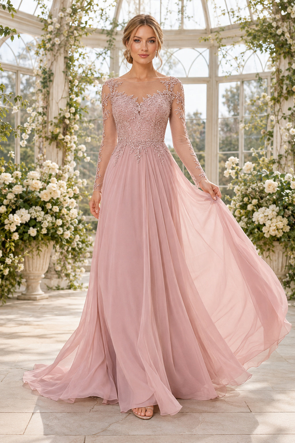Blushing Pink Illusion Sleeve Lace Bodice Tulle A Line Prom Gown With Sweep Skirt Prom Dress front view