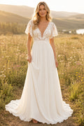 Ivory V-Neck Flutter Sleeve Chiffon A-Line Wedding Dress with Lace Bodice and Train front view