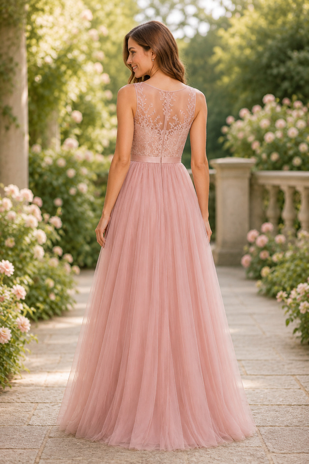 Blushing Pink One Shoulder Lace Bodice with Floor Length Tulle Skirt Floor Length A-Line Bridesmaid Dress back view