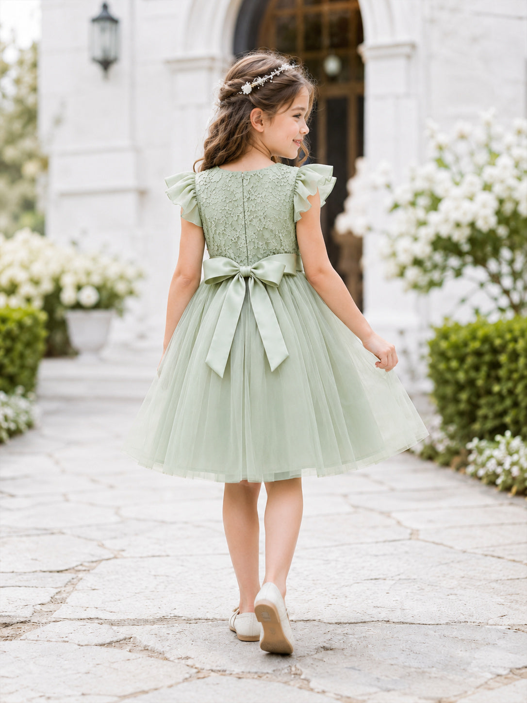 Flower Girl Dress Sage Tulle A-Line Short Sleeve Scoop Tea length Sash Detail back view