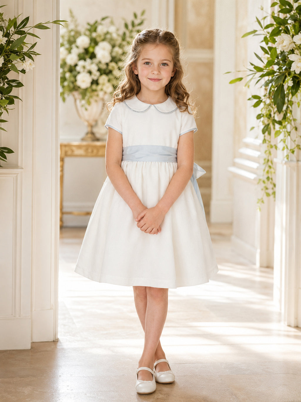 Ivory Satin A-Line Flower Girl Dress with Sky Blue Sash and Knee-Length Skirt front view