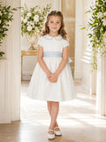 Ivory Satin A-Line Flower Girl Dress with Sky Blue Sash and Knee-Length Skirt front view
