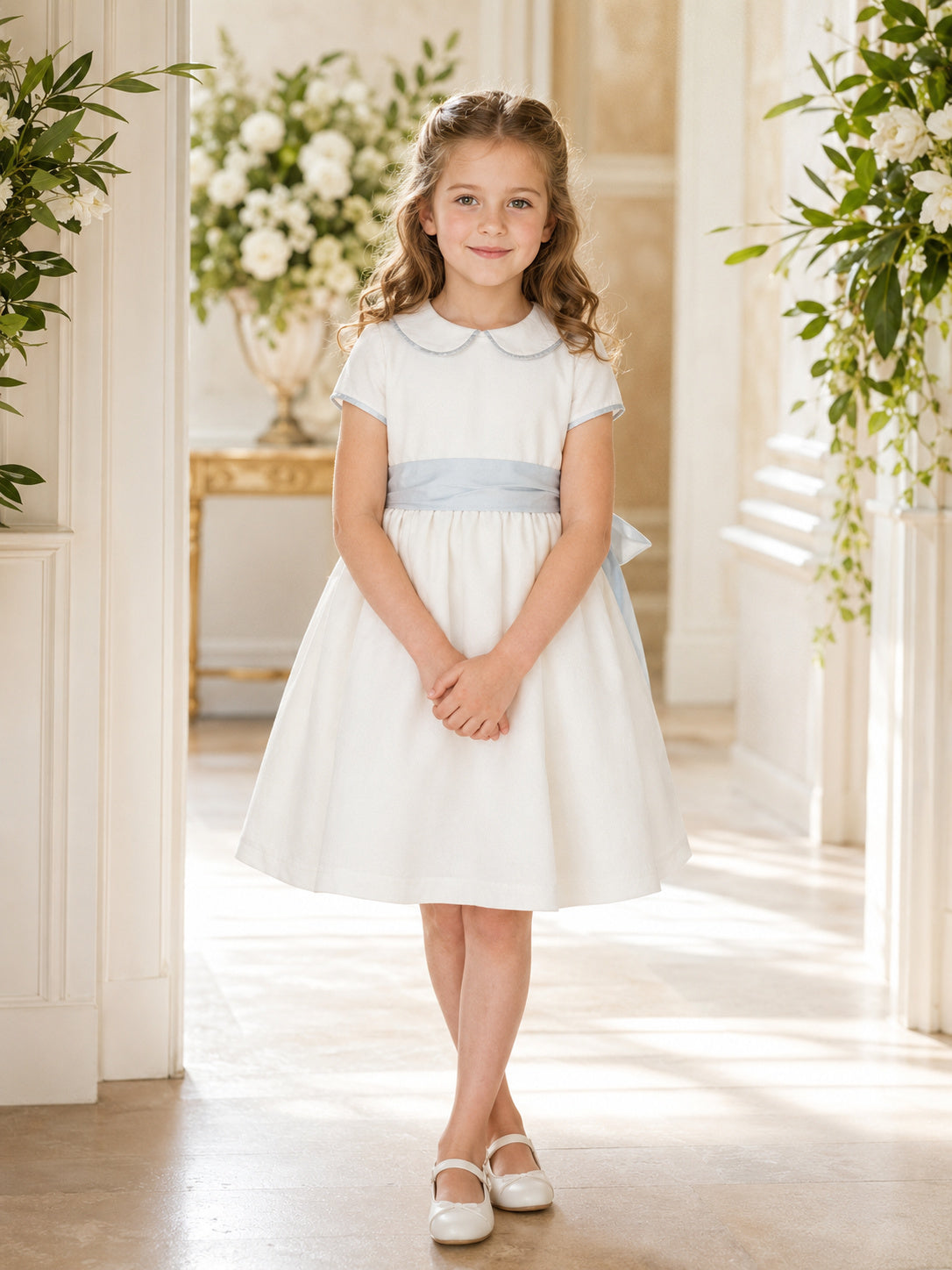 Ivory Satin A-Line Flower Girl Dress with Sky Blue Sash and Knee-Length Skirt front view