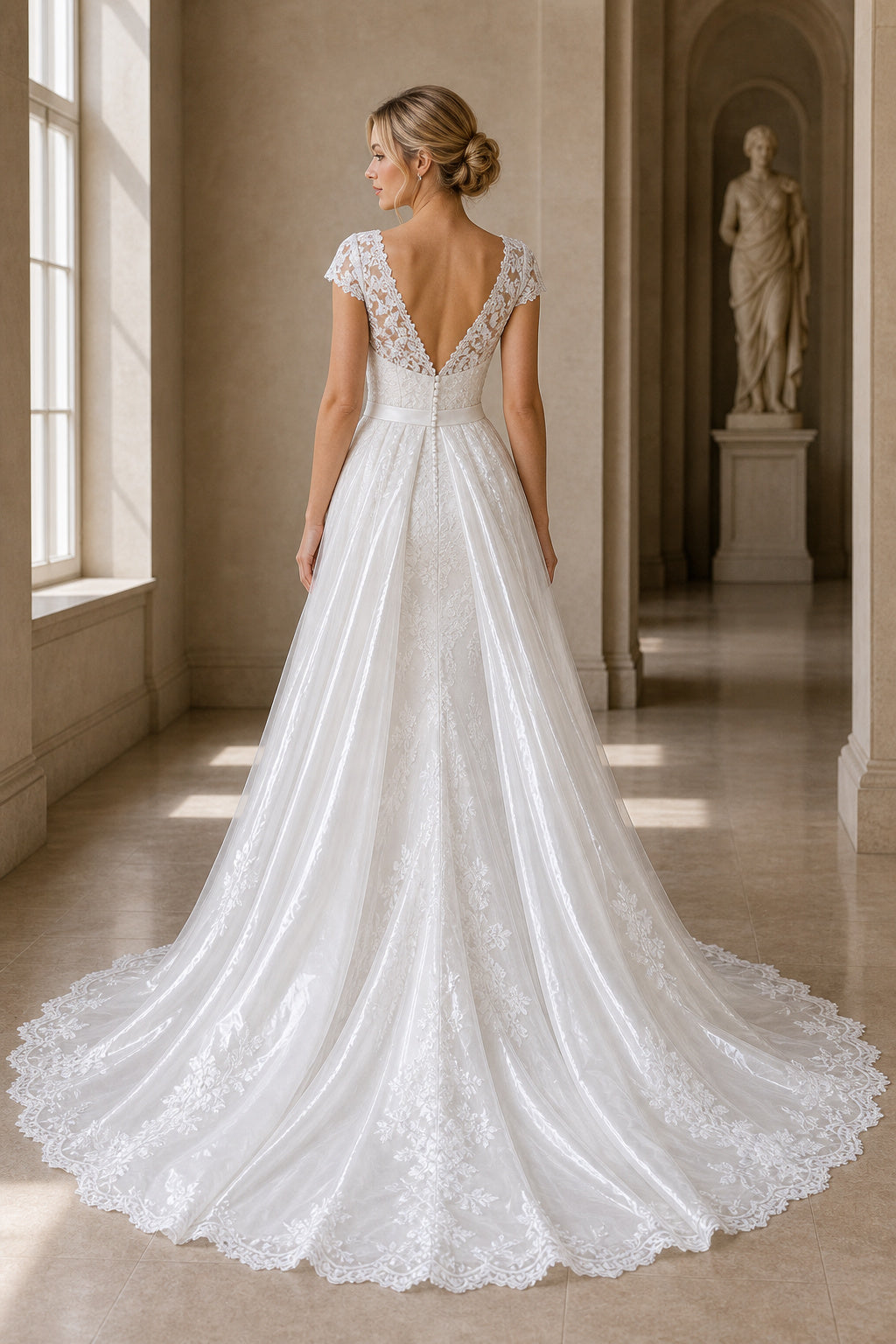 White Square A-Line Crepe Floor-length Wedding Dress With Layered Skirt and Beaded Bodice and Open Back