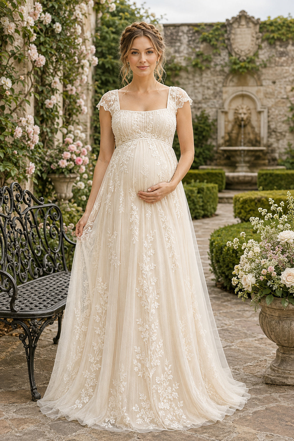 Ivory Square Neck Cap Sleeve Lace Maternity Wedding Dress with A-Line Skirt front view
