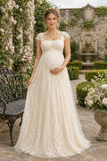 Ivory Square Neck Cap Sleeve Lace Maternity Wedding Dress with A-Line Skirt front view
