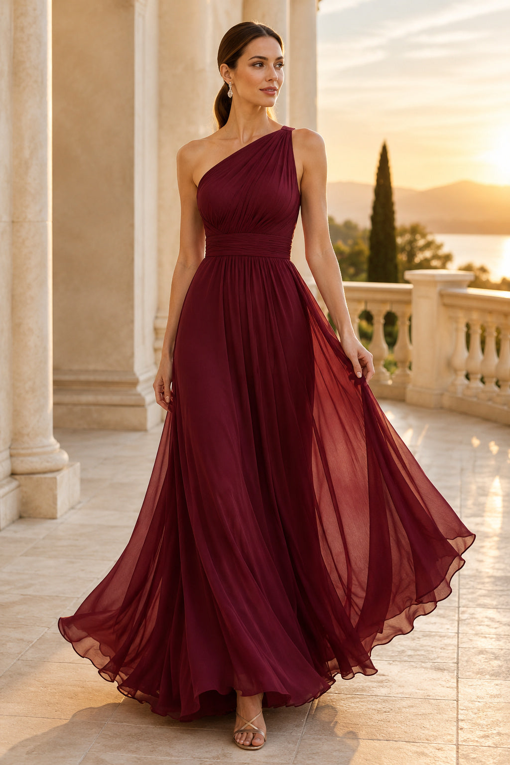 Burgundy One-Shoulder Chiffon A-Line Bridesmaid Dress with Flowing Skirt and Side Split front view