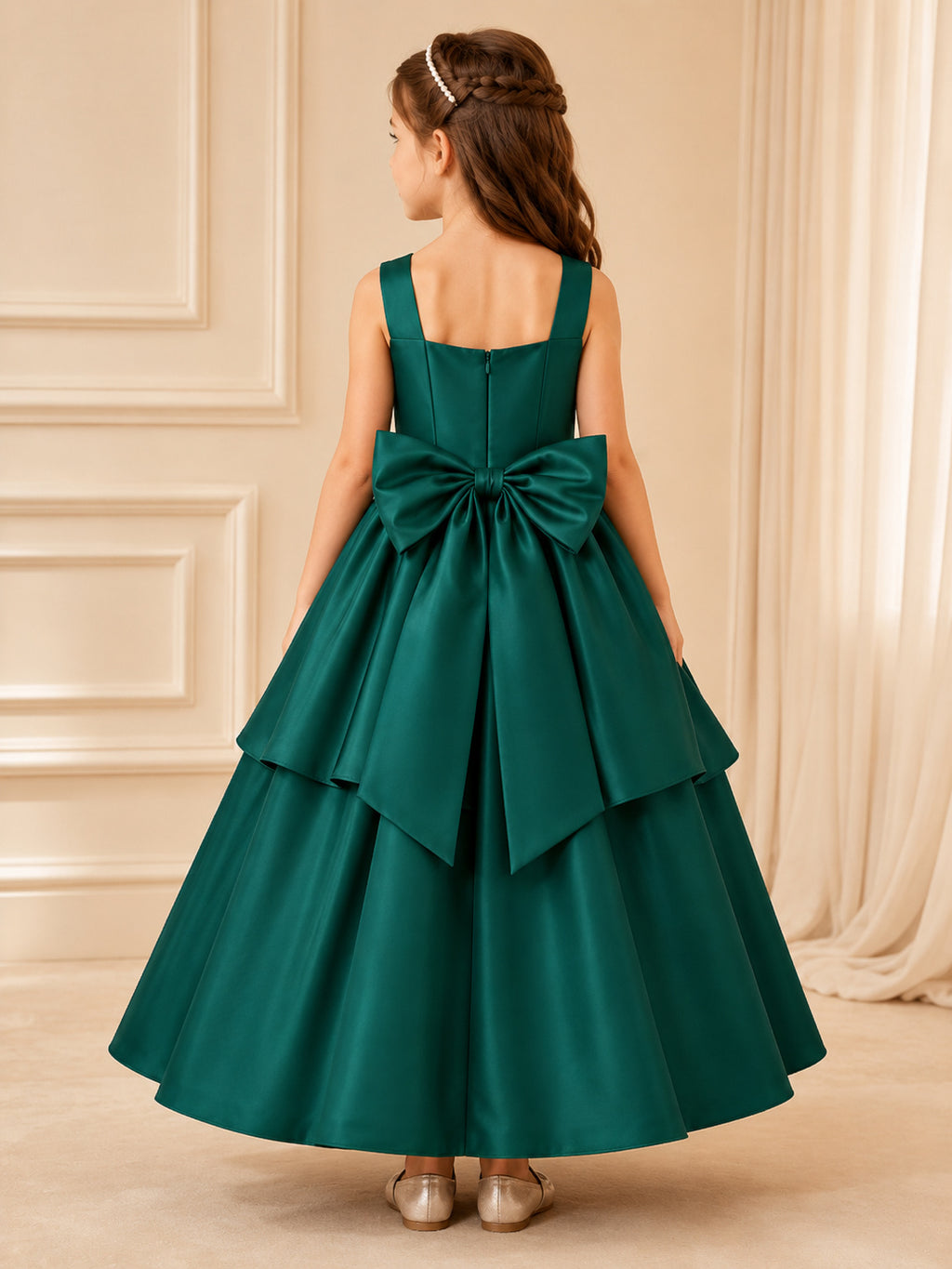 Flower Girl Dress Dark Green Satin A-Line Sleeveless Square Neck Tea Length Bow Detail Tiered Skirt back view