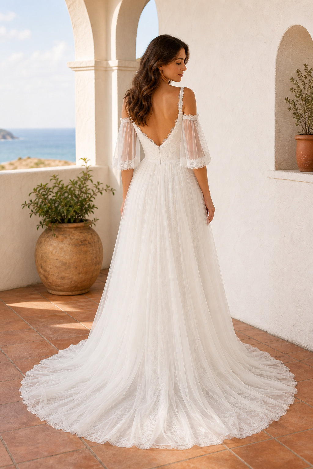 Ivory Off-the-Shoulder A-Line Chiffon Floor-Length Dress With Train