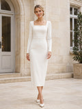 Modern Square Neck Long Sleeve Satin Sheath Tea Length Civil Wedding Dress front view