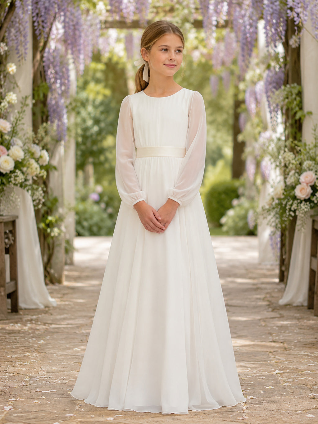 White Bow Back Chiffon A-Line Flower Girl Dress with Jewel Neck, Long Sleeve, and Floor-length Skirt front view