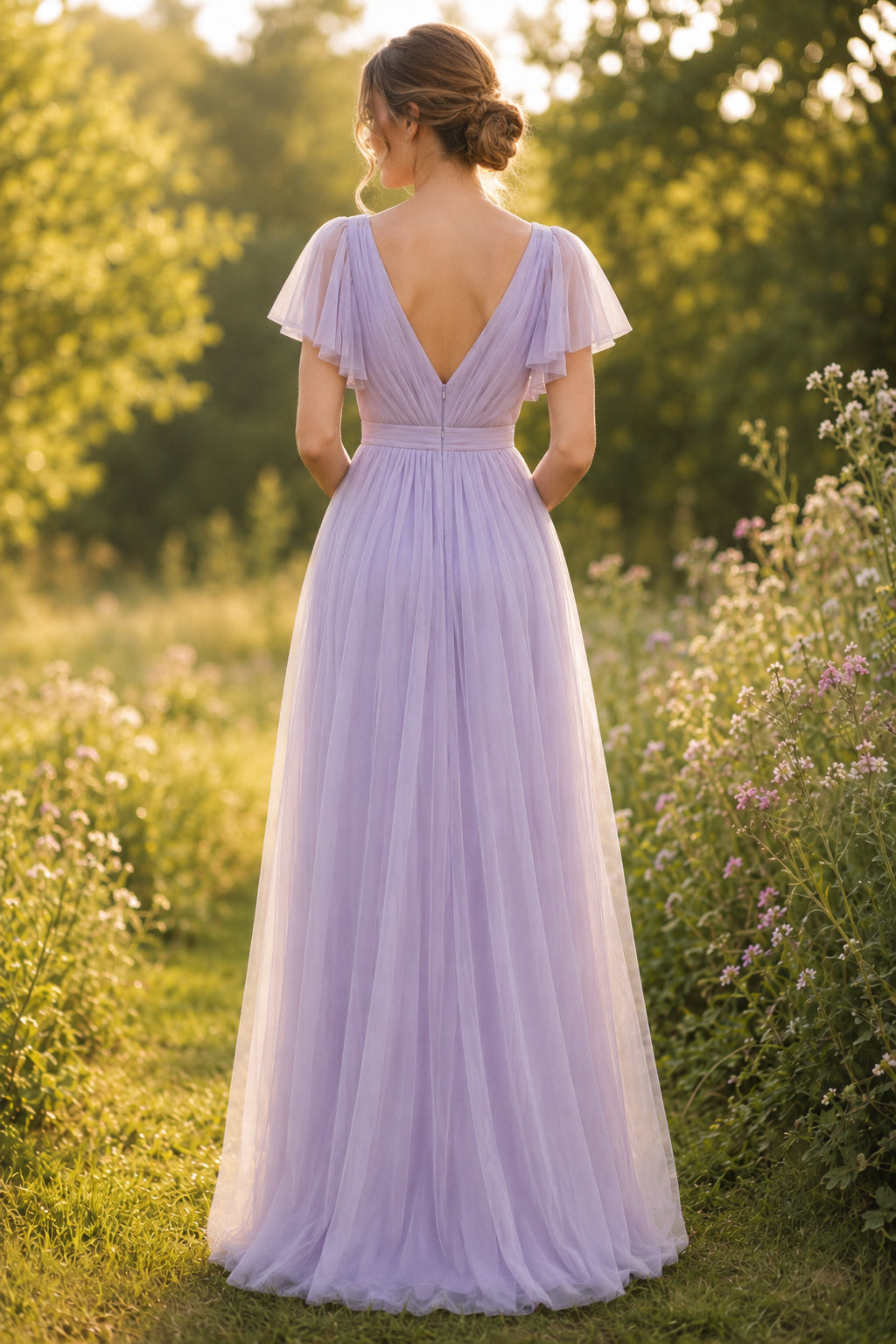 Lavender Flutter Sleeve V-Neck Tulle A-Line Bridesmaid Dress with Pleated Waist back view