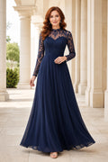 Dark Navy Long Sleeve Lace Bodice A-Line Mother Dress with Chiffon Skirt front view