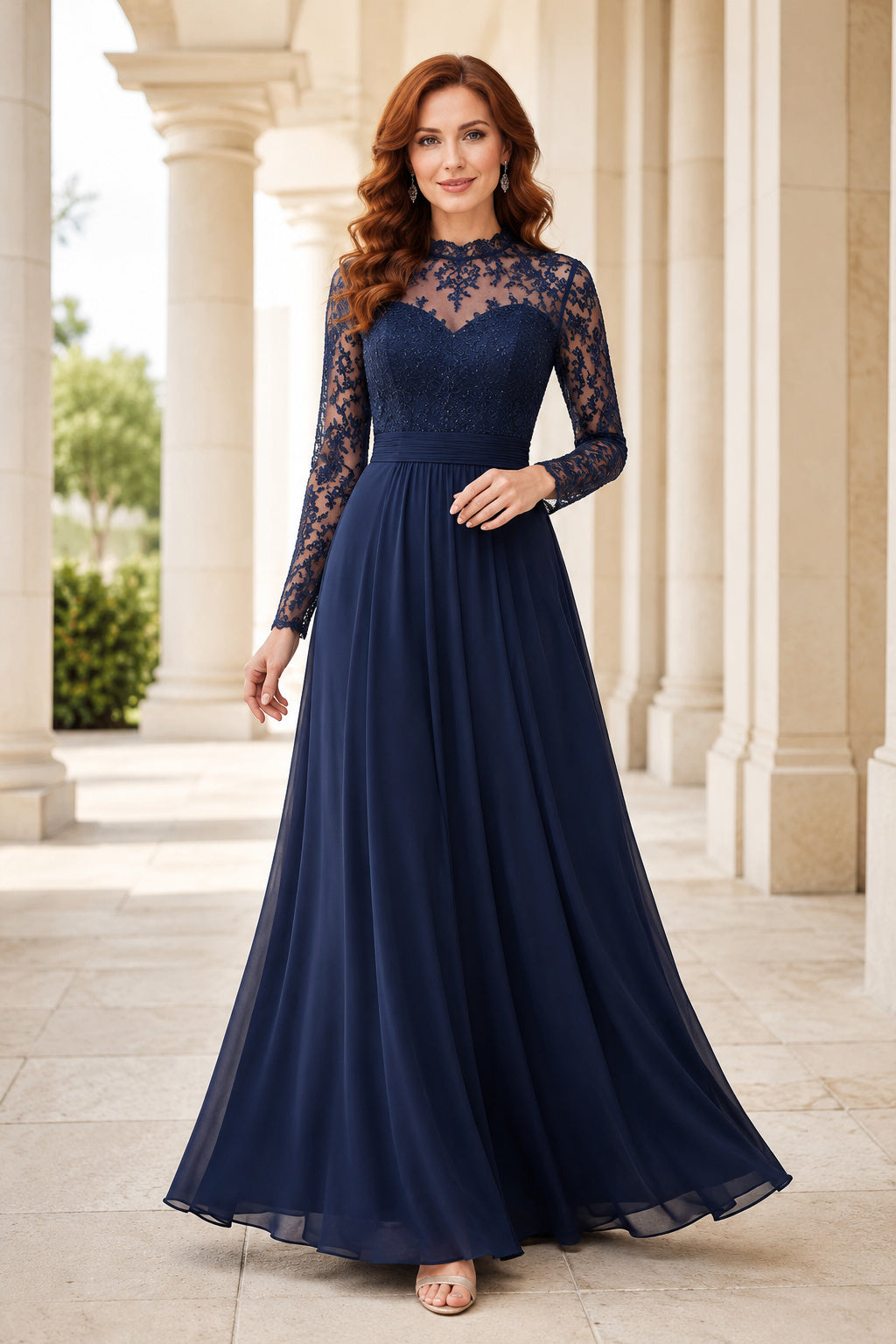 Dark Navy Long Sleeve Lace Bodice A-Line Mother Dress with Chiffon Skirt front view