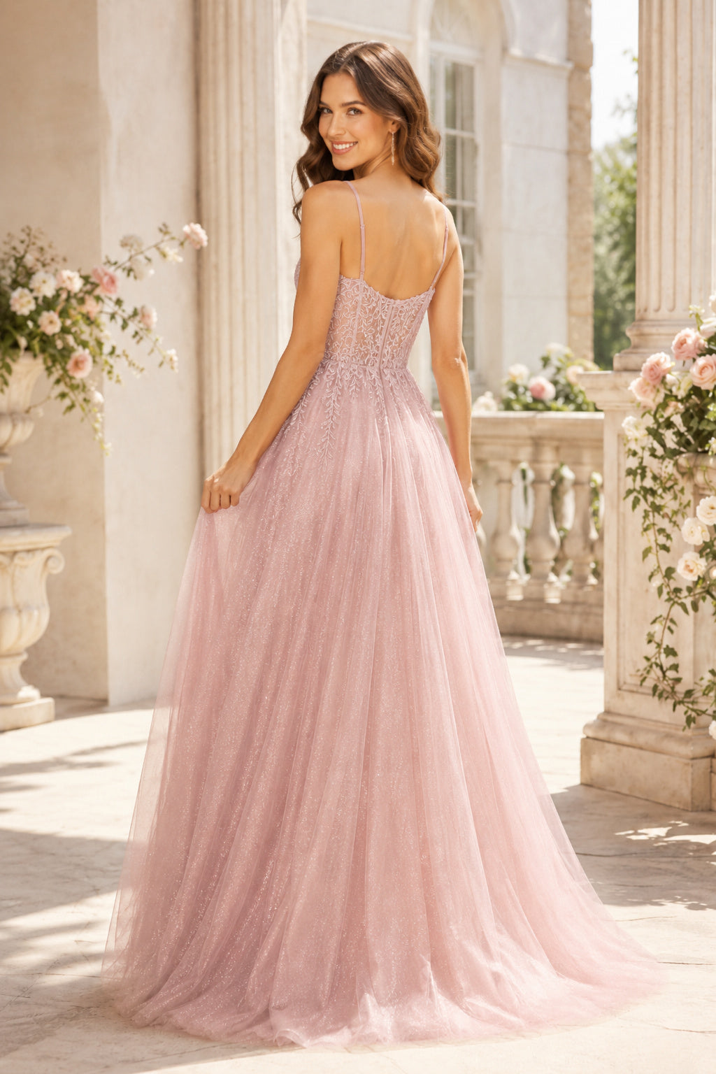 Blushing Pink Spaghetti Strap Tulle A-Line Prom Dress with Lace Bodice back view