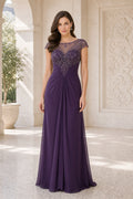 Plum Bateau Cap Sleeve A-Line Chiffon Floor-Length Dress With Lace Bodice