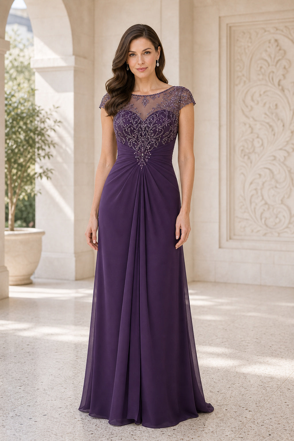 Plum Bateau Cap Sleeve A-Line Chiffon Floor-Length Dress With Lace Bodice