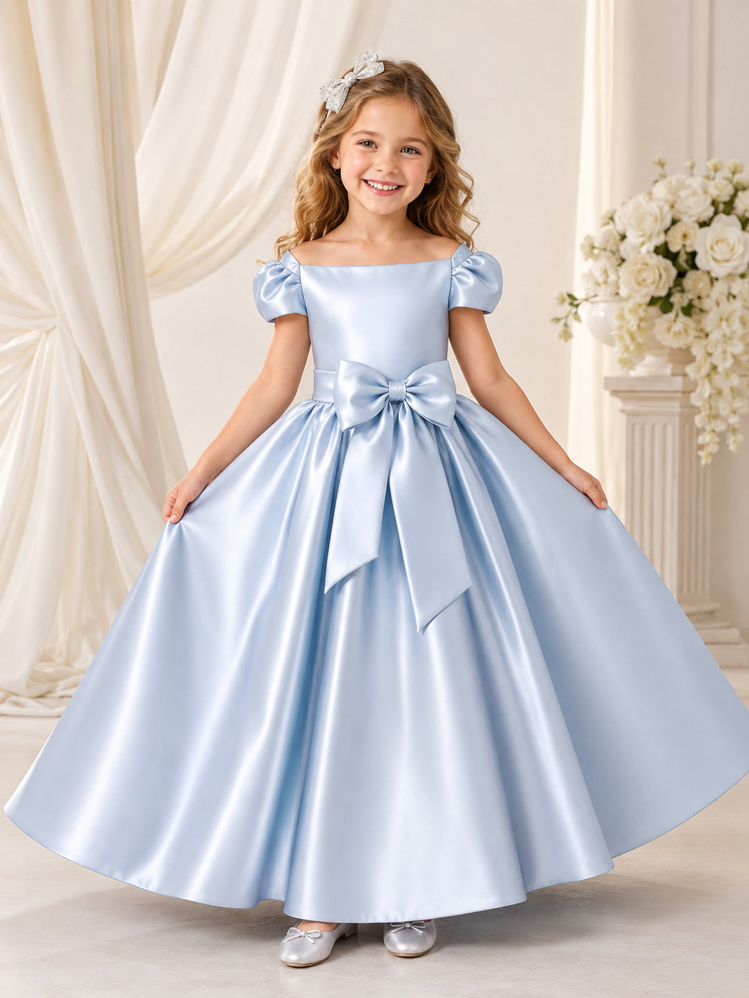 Flower Girl Dress Steel Blue Satin A-Line Short Sleeve Off the shoulder Square Floor length Bow Detail front view