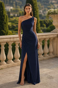 Navy One-Shoulder Floor-Length Chiffon Sheath Dress