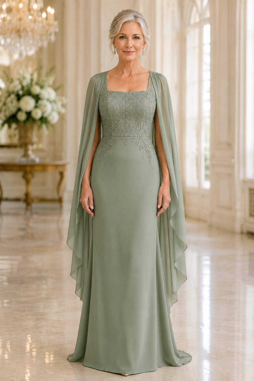 Sage Square Neck Sheath Mother Dress with Beaded Bodice and Flowing Cape Sleeves front view