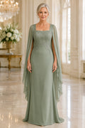 Sage Square Neck Sheath Mother Dress with Beaded Bodice and Flowing Cape Sleeves front view