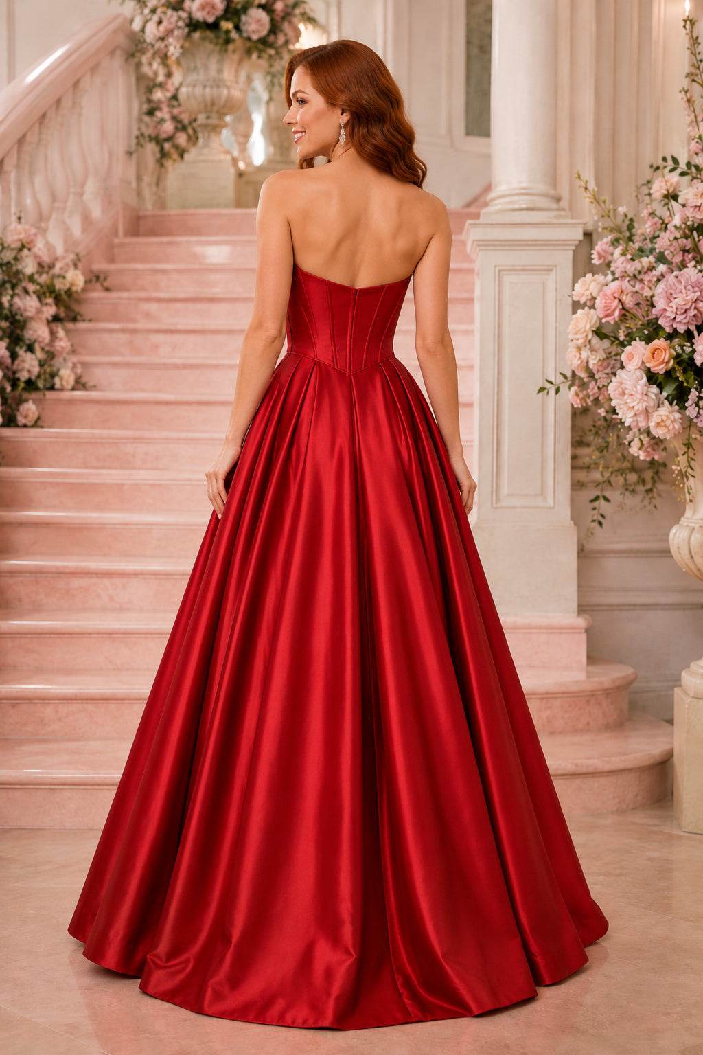 Red Strapless Satin Ball Gown with Sweetheart Corset Bodice and Full Floor Skirt back view