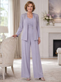 Lavender Mother Pantsuit with Ruched Bodice, Long Sleeve Jacket and Wide Leg Pants front view