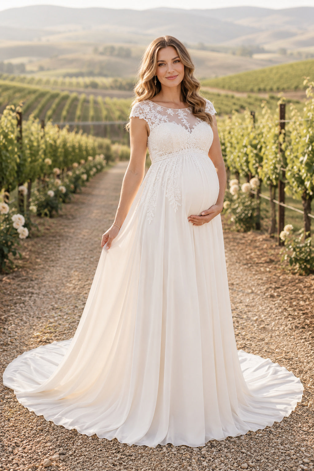 Ivory Cap Sleeve Lace Maternity Wedding Dress with Full Tulle Skirt front view