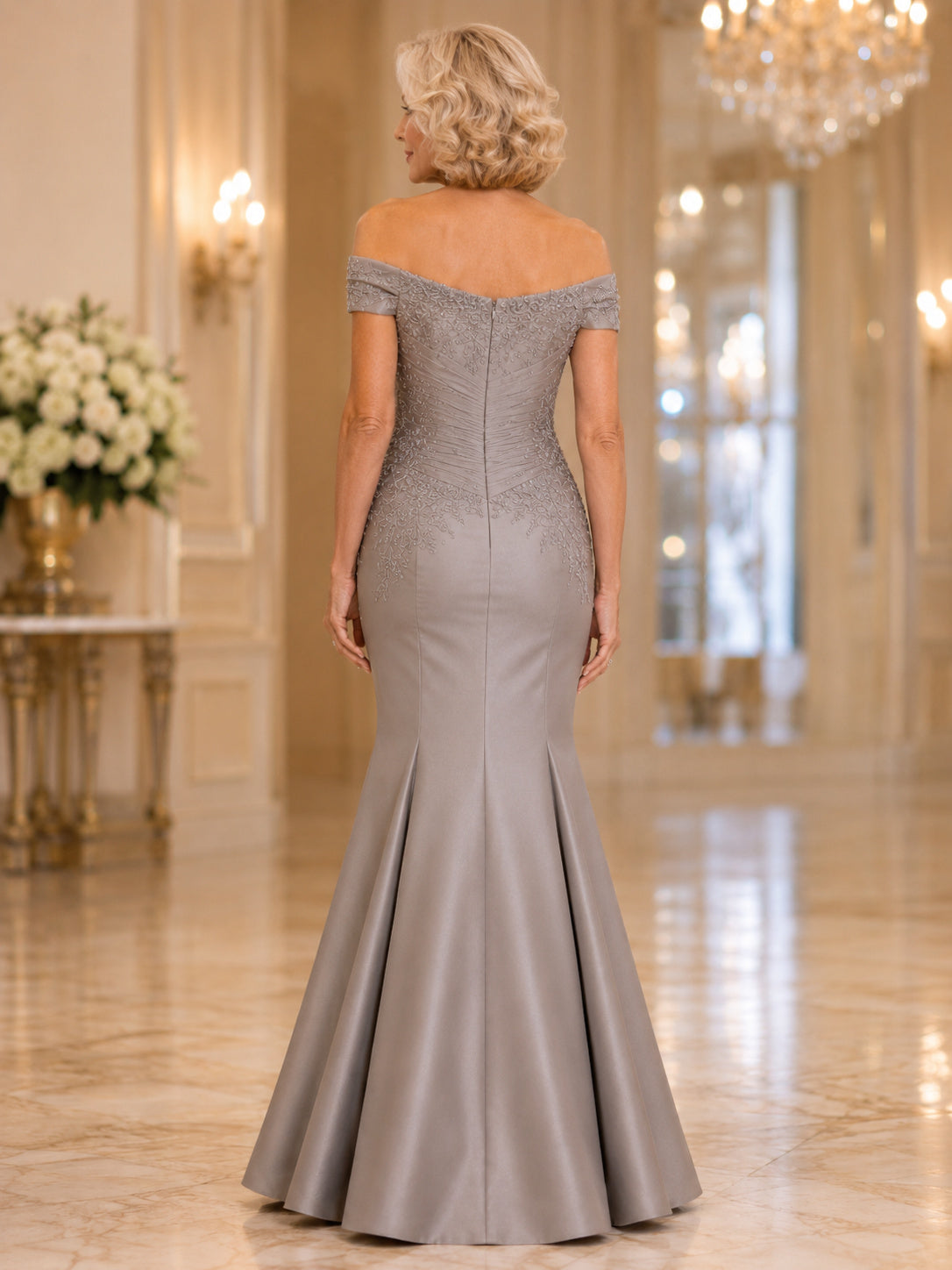 Silver Luxury Floor-Length Mermaid Mother of the Bride Metallic Jacquard Gown with Off-Shoulder Neckline Ruched Waist and Swe