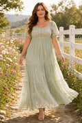 Sage Green Tea Length A-Line Guest Dress with Puff Sleeves and Floral Embroidery front view