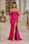 Fuchsia Fuchsia Satin Sheath Gown with Draped Sleeves and Thigh Slit Floor Length And Sweep/Brush Train Sheath Prom Dress fro