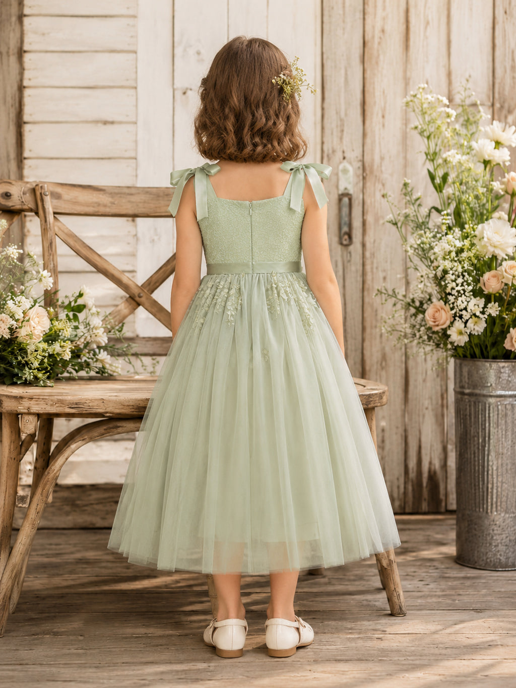 A-Line Sage Tulle Flower Girl Dress Jewel Neckline Tea-length and A Satin Sash And Bow Accent back view
