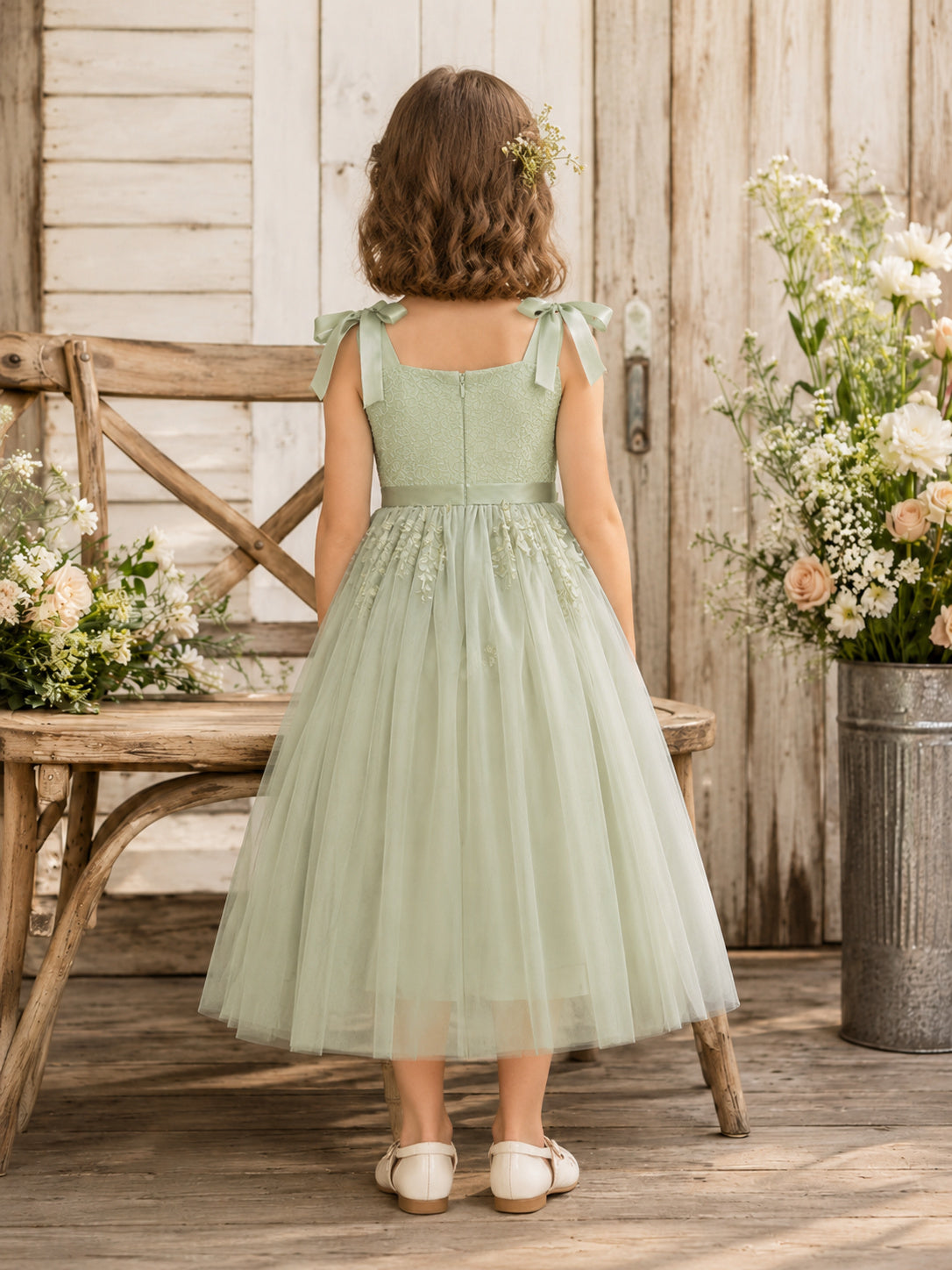 A-Line Sage Tulle Flower Girl Dress Jewel Neckline Tea-length and A Satin Sash And Bow Accent back view