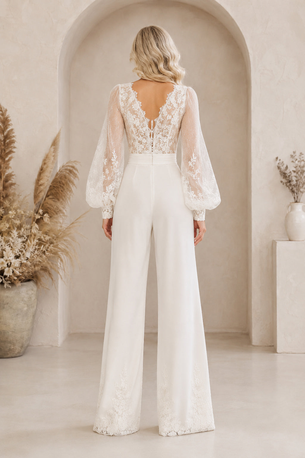 Ivory Puff Sleeve Lace Bridal Jumpsuit with Plunging V-Neck and Wide Pants back view