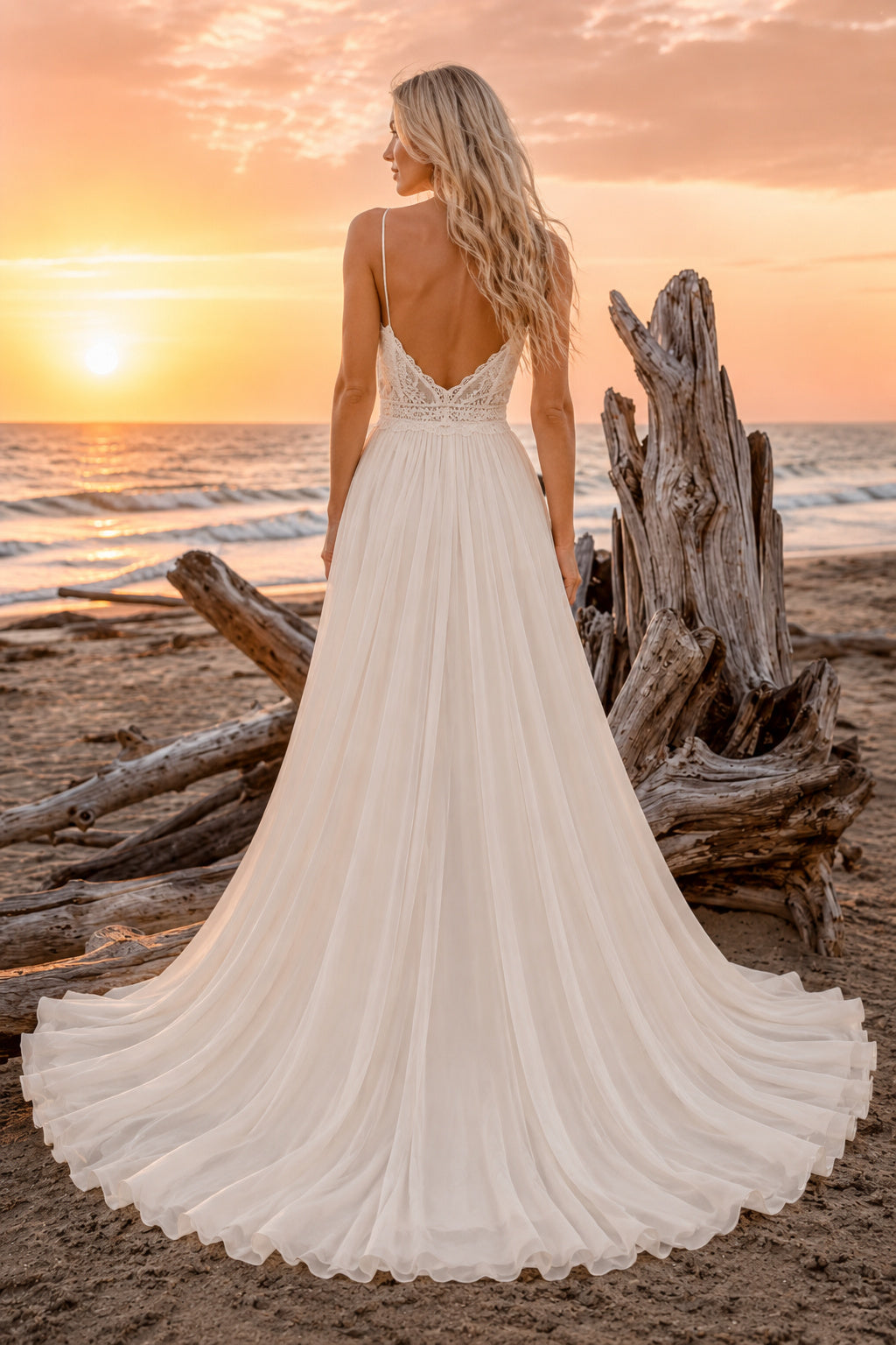 Ivory Spaghetti V-Neck Chiffon A-Line Wedding Dress Split Front Train for Bridal Ceremony and Reception back view