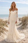 Ivory Off Shoulder Bell Sleeve Lace Mermaid Wedding Dress for Wedding Ceremony and Reception Style MG_701474 front view
