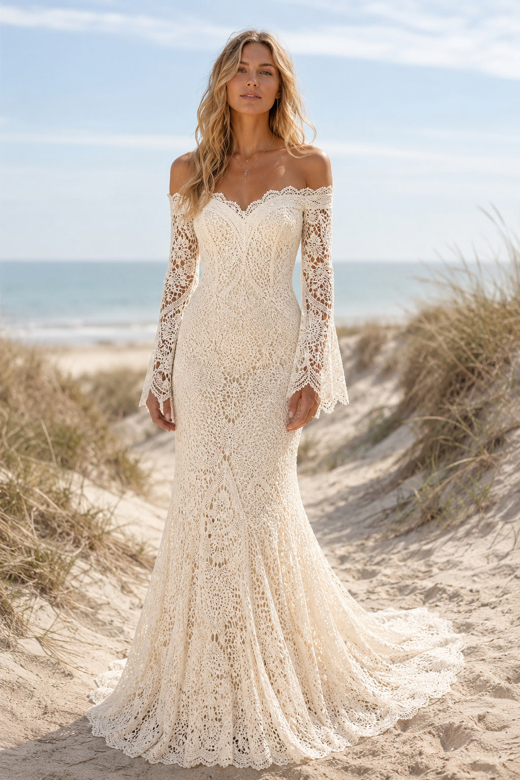 Ivory Off Shoulder Bell Sleeve Lace Mermaid Wedding Dress for Wedding Ceremony and Reception Style MG_701474 front view