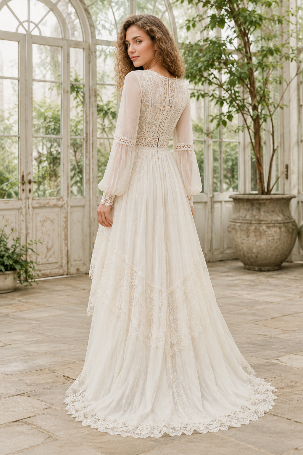 Ivory Long Sleeve High-Low Lace Wedding Dress with Illusion Bodice and Sweep Train back view