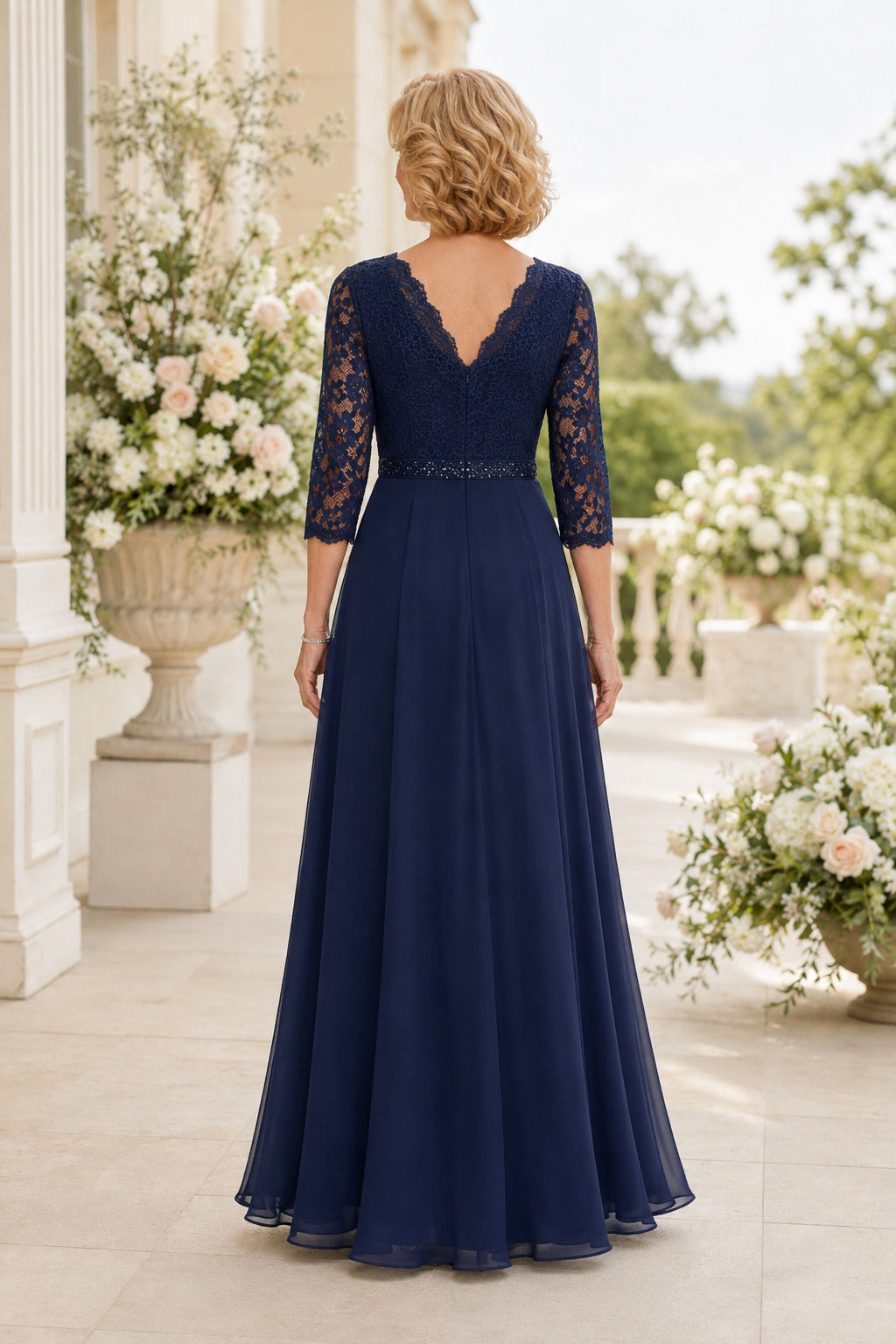 Dark Navy V-Neck Chiffon A-Line Mother Dress with Lace Sleeves and Beaded Waist back view