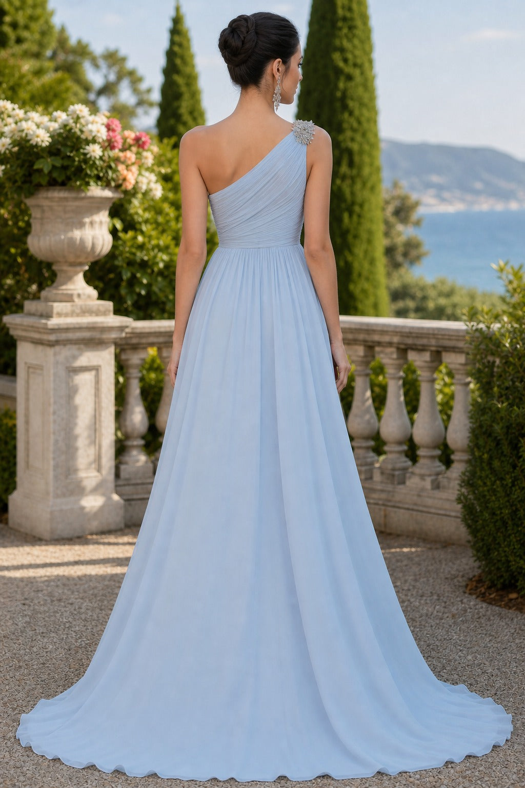 Light Blue One-Shoulder Floor-Length Chiffon A-Line Dress