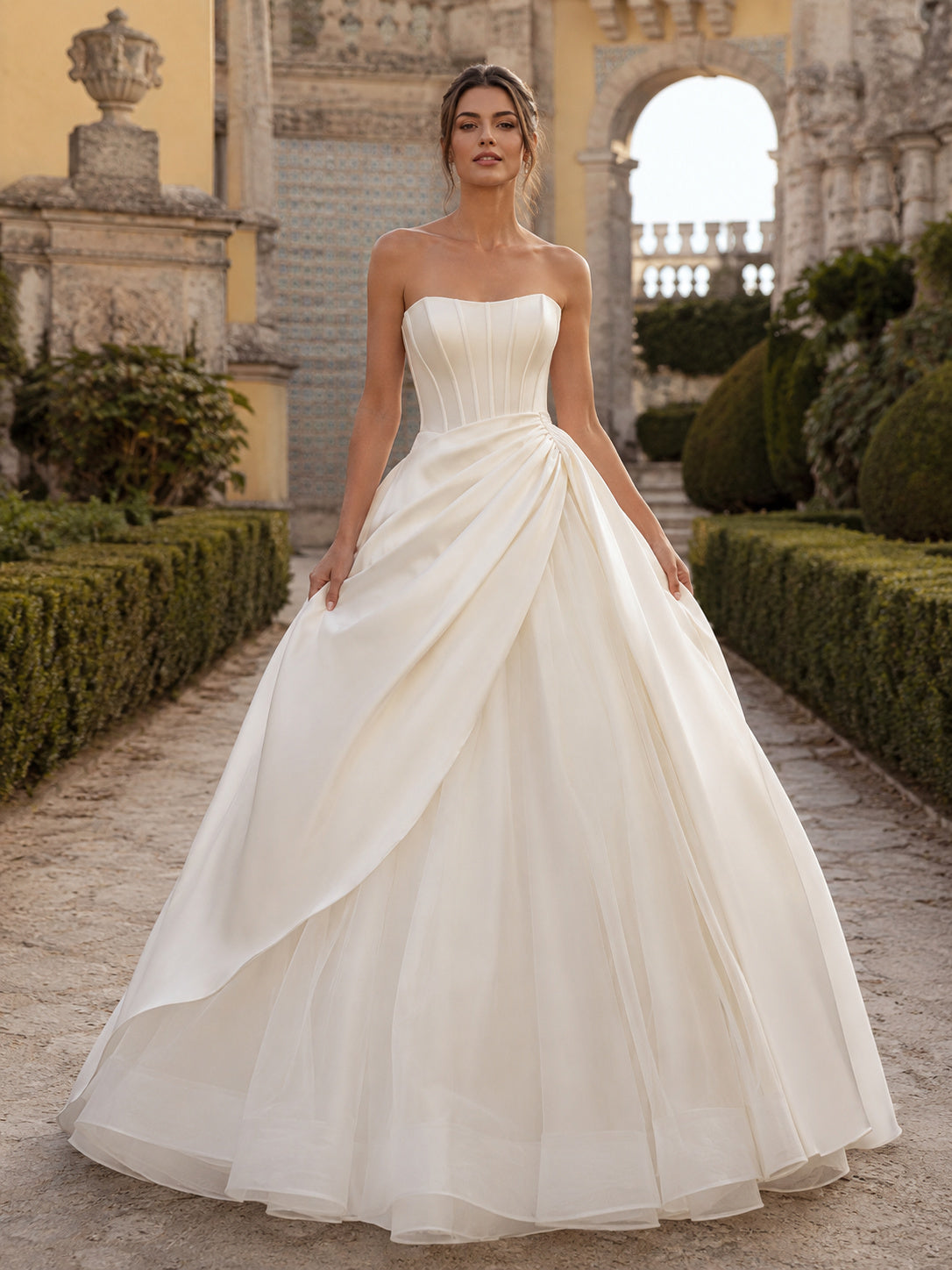 Modern Strapless Draped Satin Ball Gown Chapel Train Destination Wedding Dress front view