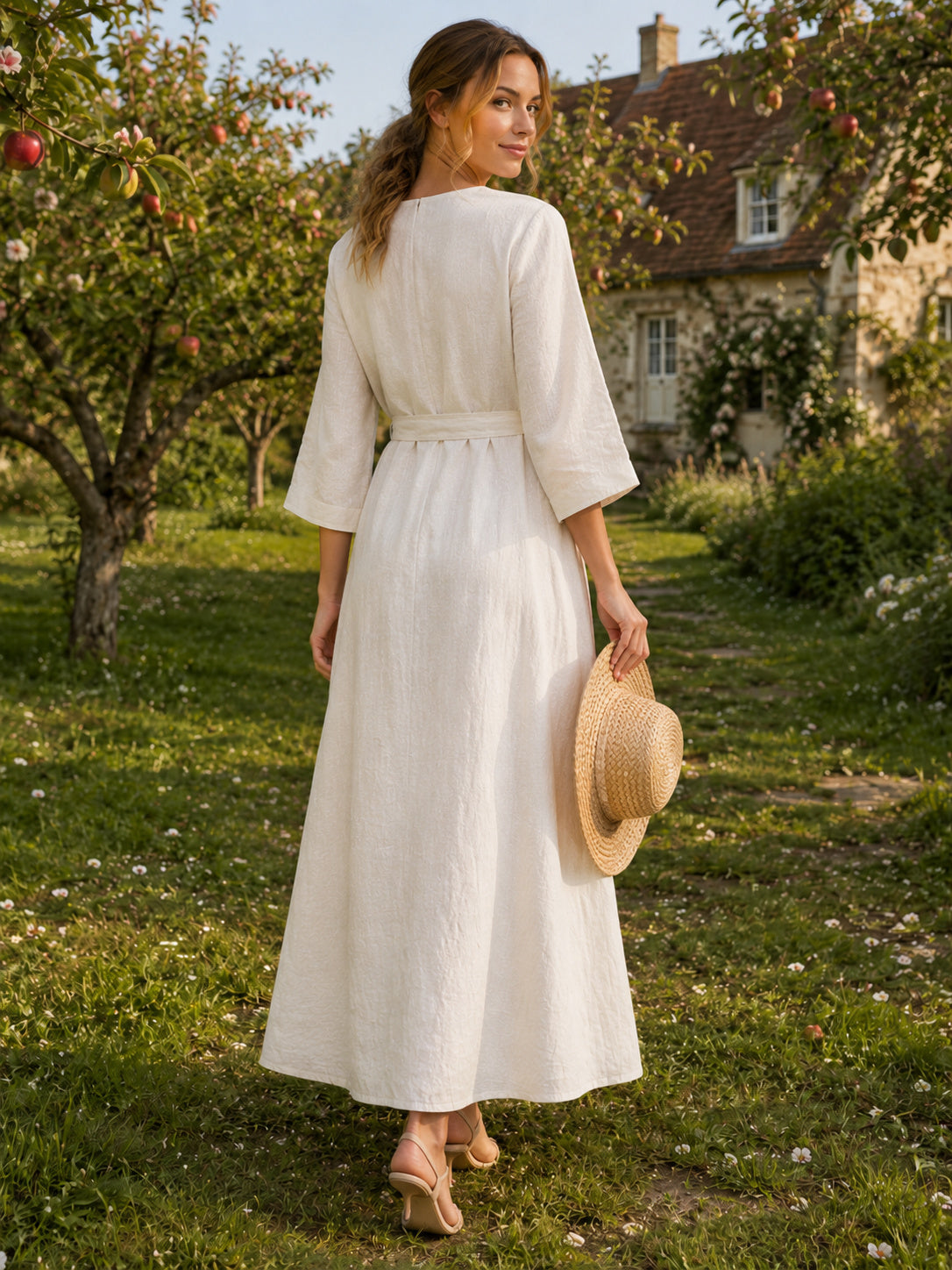 Loose Shirt Collar Linen Countryside Midi Bridal Dress back view