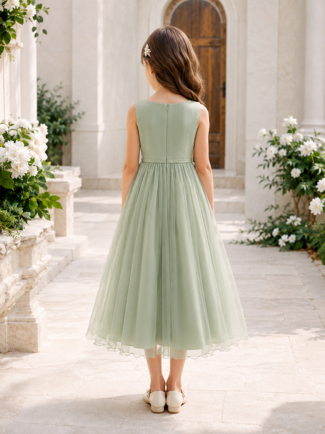 Sage Tulle A-Line Flower Girl Dress Sleeveless Jewel Neck Tea Length Bow Detail back view
