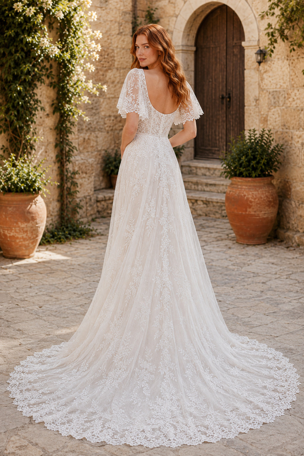 Ivory Short Sleeve Lace A-Line Wedding Dress with High Slit and Low Back back view