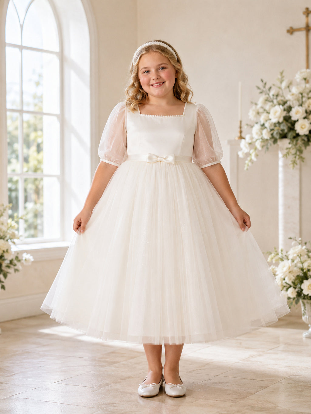 Square Neck Three Quarter Puff Sleeve Tulle Plus Size Communion Dress front view