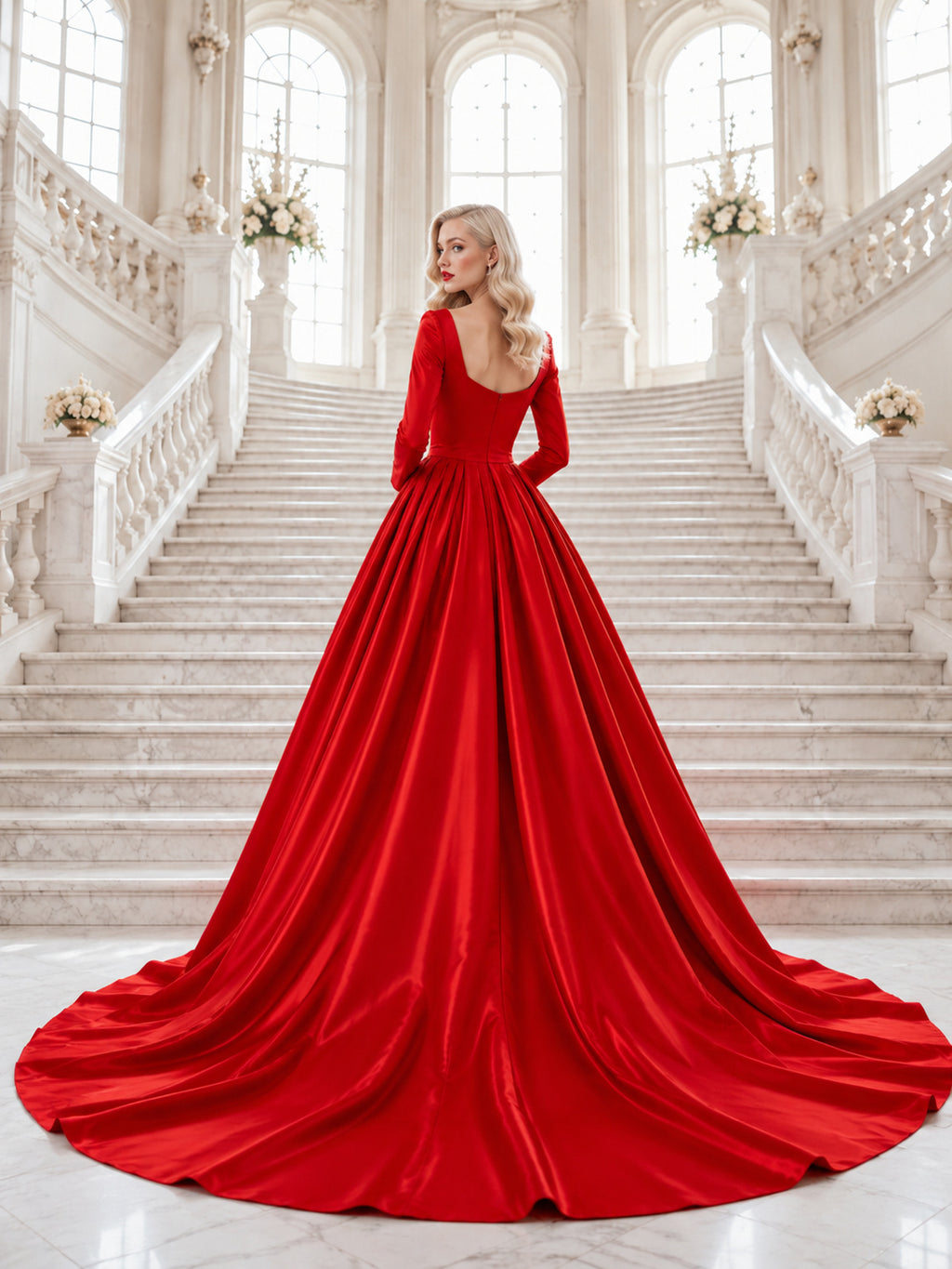 Red Long Sleeve Square Neck Satin Ball Gown Wedding Dress back view
